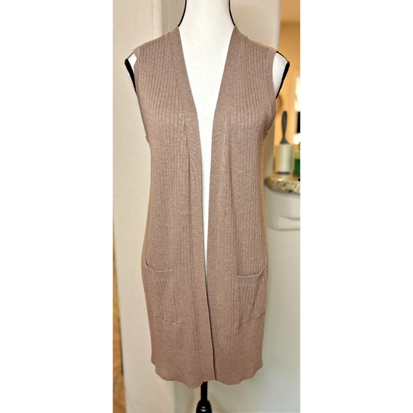 Spense Open Front Sleeveless Tan Duster Vest with Pockets Size M 6-10 - Picture 2 of 8
